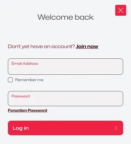 Ruby Reels Casino login panel with email address and password fields