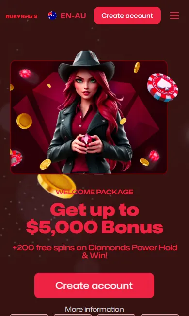 Ruby Reels Casino home screen in a mobile browser