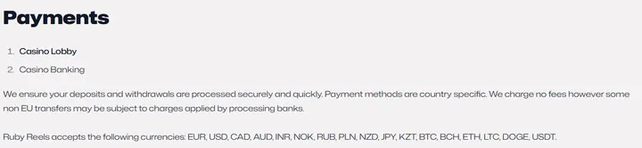 Ruby Reels Casino payments page listing accepted currencies including AUD
