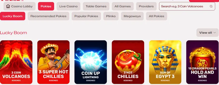 Pokies lobby at Ruby Reels with Hold and Win games from Booongo